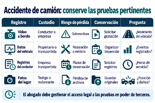 Qué pruebas se reúnen primero tras un accidente de camión y cuánto tiempo se conservan