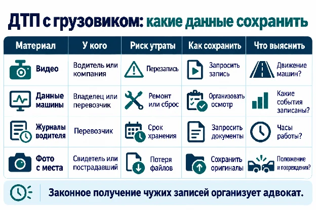 Какие доказательства после ДТП с грузовиком собирают первыми и как долго они хранятся