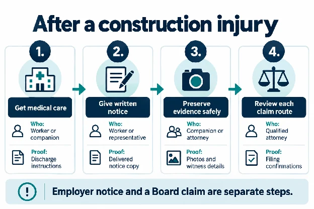 Four steps after a construction injury, showing the responsible person and the record to keep