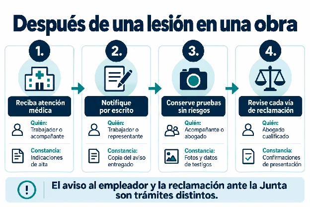 Cuatro pasos tras una lesión en la construcción, con el responsable de cada uno y el documento que queda