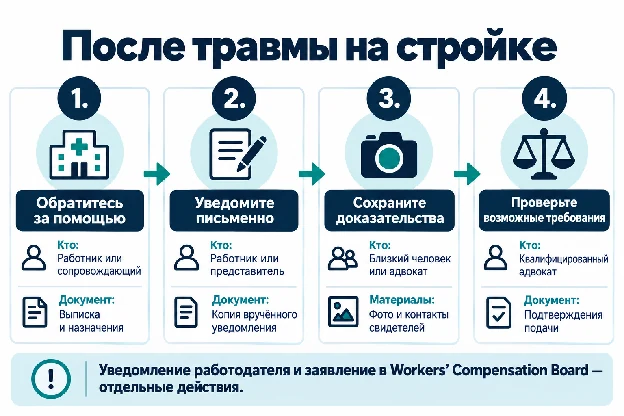 Четыре шага после травмы на стройке: кто отвечает за каждый и какой документ остаётся