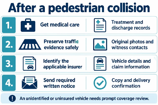Pedestrian collision checklist connecting care, evidence, insurer identification and notice with records to retain