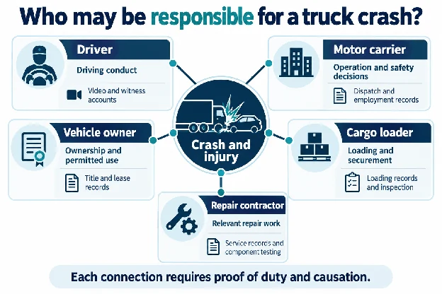 Responsibility map linking potential truck crash parties to duties and supporting evidence