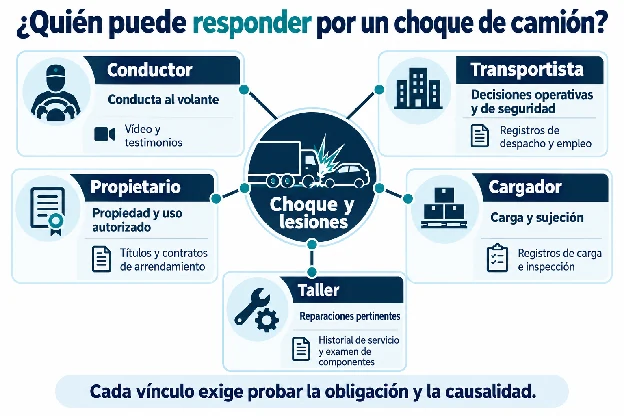 Mapa de responsabilidad que relaciona a las partes de un accidente de camión con sus deberes y las pruebas que los respaldan