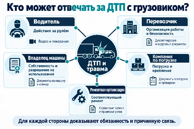 Схема ответственности: участники ДТП с грузовиком, их обязанности и подтверждающие доказательства