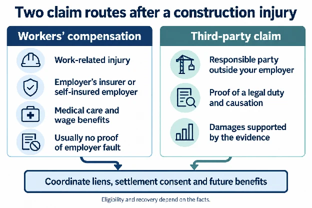Two claim routes after a construction injury: workers’ compensation and a third-party claim, with coordination of liens, settlement consent and future benefits