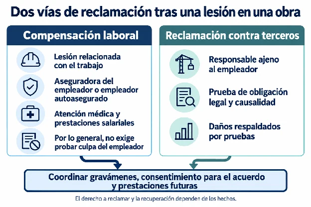Dos vías de reclamación tras una lesión de construcción: compensación laboral y reclamación contra un tercero, con coordinación de gravámenes, consentimiento del acuerdo y prestaciones futuras