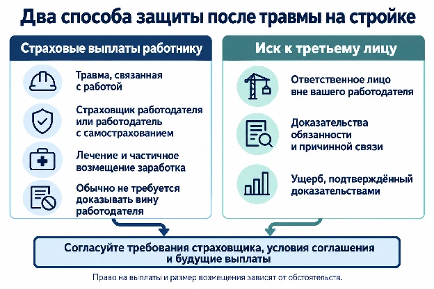 Два способа защиты после травмы на стройке: страховые выплаты работнику и иск к третьему лицу, с согласованием требований страховщика, условий соглашения и будущих выплат