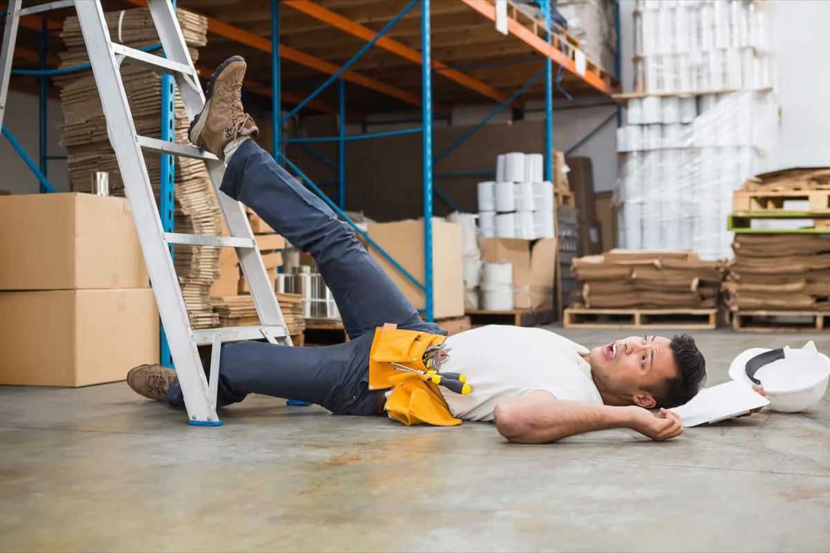 Trabajador lesionado en el suelo de un almacén tras caer de una escalera