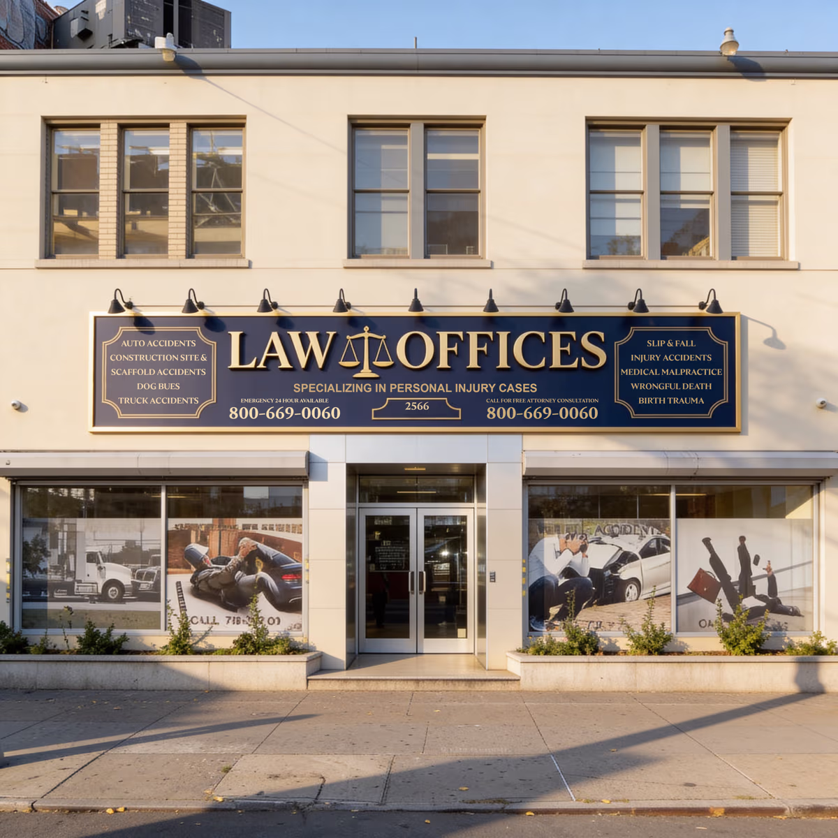 Fachada de la oficina jurídica con rótulo en la calle 86, Brooklyn, Nueva York